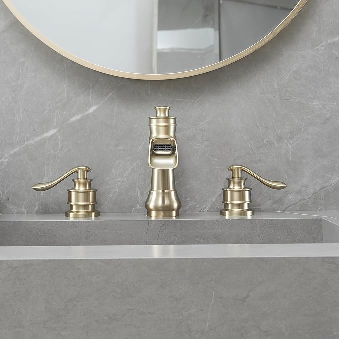 Two Handle Widespread Bathroom Faucet 3 Holes Brushed Gold | Waterfall Spout, Mixer Tap, With Pop Up Drain and Supply Lines, Solid Brass Construction, Neutral Vintage Tone