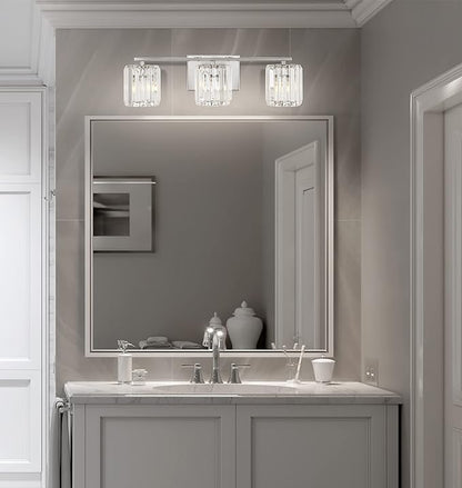 JONATHAN Y 4.75" Chrome 3-Light Vintage Glam LED Vanity Light Wall Sconce Fixture with Clear Crystal Prism Shade, Hardwired Wall Lamp for Bathroom Mirror Hallway, LED Bulb Included (JYL3554A)