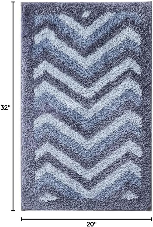 Hearth & Harbor Bathroom Rugs, Shaggy Plush Bath Mat, Ultra Soft Non Slip Backing Rubber, Chevron Design Bath Rug, Blue/Grey, 20 x 32 Inch