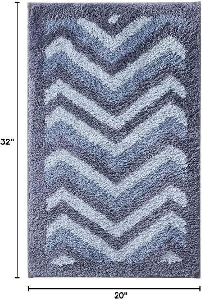 Hearth & Harbor Bathroom Rugs, Shaggy Plush Bath Mat, Ultra Soft Non Slip Backing Rubber, Chevron Design Bath Rug, Blue/Grey, 2 Piece Set