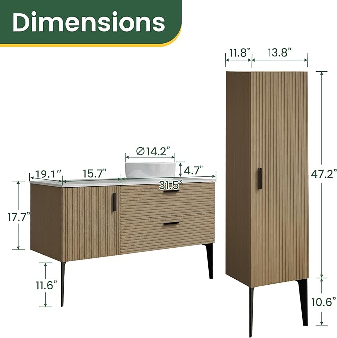 48" Bathroom Vanity with Sink and Side Cabinet Combo Set, Modern Bathroom Cabinet with Ceramic Vessel Sink, Engineered Stone Top, Soft-Closing Drawers & Door, Natural Oak