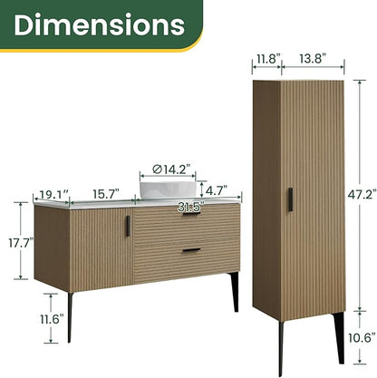 48" Bathroom Vanity with Sink and Side Cabinet Combo Set, Modern Bathroom Cabinet with Ceramic Vessel Sink, Engineered Stone Top, Soft-Closing Drawers & Door, Natural Oak