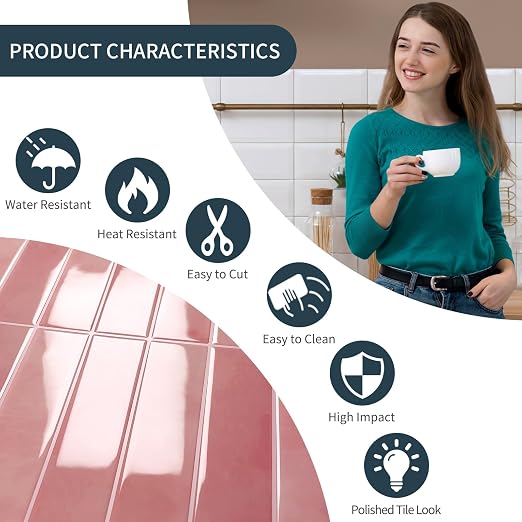 10 Sheets Upgraded Thicker Design Subway Tile Peel and Stick Backsplash | 12”×12”Self Adhesive Wall Tiles Stick on Back Splash for Kitchen,Bathroom,Camper(Pink)