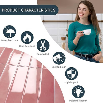 10 Sheets Upgraded Thicker Design Subway Tile Peel and Stick Backsplash | 12”×12”Self Adhesive Wall Tiles Stick on Back Splash for Kitchen,Bathroom,Camper(Pink)