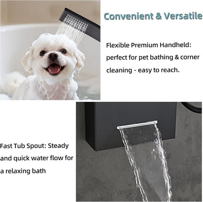 5-In-1Shower Panel Tower System-Brushed Black | 304 stainless steel Shower Panel Column Tower With Powerful Body Jets,Body Spray,Rainfall,Waterfall,Handheld And Tub Spout