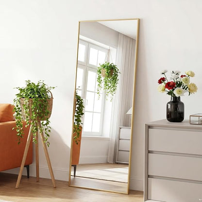 DUMOS Full Length Mirror 24"x 65" for Bedroom, Full Body Mirror with Stand, Hanging or Leaning for Wall, Aluminum Alloy Thin Frame Floor Standing for Living Room, Long, Gold