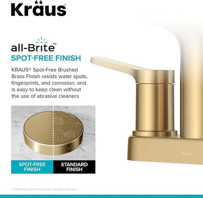 KRAUS Indy Centerset Bathroom Faucet in Spot-Free Brushed Brass with 2 Handles, Pop Up Drain and Supply Lines, FUS-14102SFBB