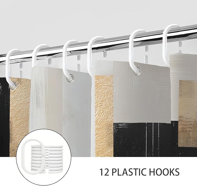 Black and Gold Abstract Shower Curtain, Boho Modern Art Aesthetic Oil Painting Shower Curtain Set, Brown Beige Neutral Artistic Fabric Shower Curtains for Bathroom with 12PCS Hooks 72X72IN