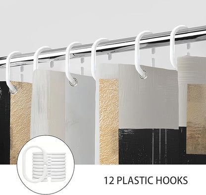 Black and Gold Abstract Shower Curtain, Boho Modern Art Aesthetic Oil Painting Shower Curtain Set, Brown Beige Neutral Artistic Fabric Shower Curtains for Bathroom with 12PCS Hooks 72X72IN