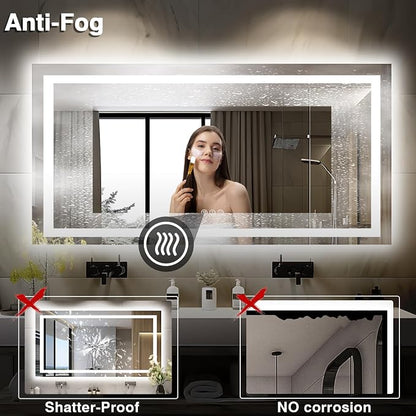 EchosLife 60"x28" LED Bathroom Mirrors for Wall | Backlit + Front Lit, Anti-Fog, Stepless Dimmable, 3 Colors, Memory, Tempered Glass, UL Listed, Horizontal/Vertical