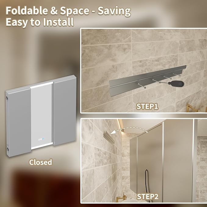 60x36 Trifold Bathroom Mirror with Lights, Removable Magnifier, 180° Foldable LED Vanity Mirror, Front & Backlit, Wall Mounted, Anti-Fog, Stepless Dimming & 3 Color Temperature Changing