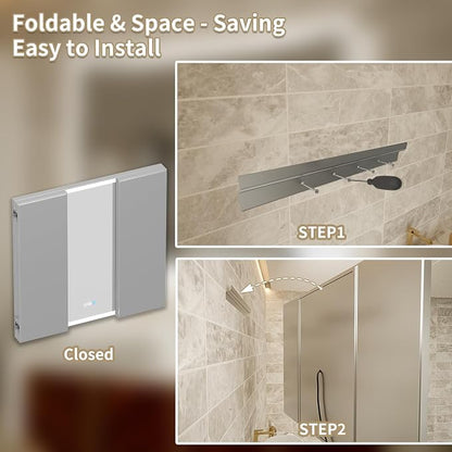 60x36 Trifold Bathroom Mirror with Lights, Removable Magnifier, 180° Foldable LED Vanity Mirror, Front & Backlit, Wall Mounted, Anti-Fog, Stepless Dimming & 3 Color Temperature Changing
