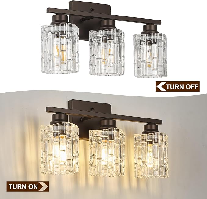 Refice 3-Light Bathroom Vanity Lights Crystal Glass, Oil Rubbed Bronze | Bathroom Light Fixtures Vanity Lighting Over Mirror for Living Room Farmhouse, Hallway
