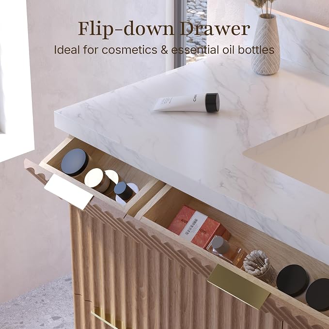 48 inch Bathroom Vanity with Sink and Countertop,Solid Wood, 1.5 inch Carrara White Quartz Bath Vanity, 2 Soft Closing Doors,4 Dovetail Drawers,3 Tilt Drawer