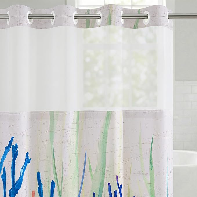 Americanflat 72x75 Hookless Shower Curtain - Water-Resistant Coral Reef Shower Curtain with Sheer Panel, Snap-in Liner, and Grommets - 100% Polyester - Cobalt Blue, Coral Red, Seafoam Green and White