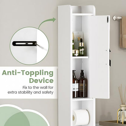 VECELO Narrow Bathroom Storage Cabinet with Adjustable Shelves, 67" Tall Freestanding Cabinet with Toilet Paper Holder, Slim Tower Cabinet with Two Magnetic Doors & Drawer, for Small Spaces, White