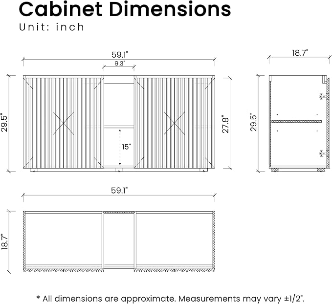 60" Double Bathroom Vanity with Sink (8" Widespread Faucet Holes Predrilled), Mid Century Modern Bathroom Cabinet with 4 Doors & Shelves, Matte Black Sink with Overflow, Smoked Oak