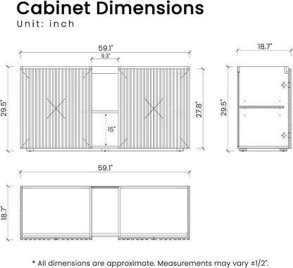 60" Double Bathroom Vanity with Sink (8" Widespread Faucet Holes Predrilled), Mid Century Modern Bathroom Cabinet with 4 Doors & Shelves, White Integrated Sink with Overflow, Walnut