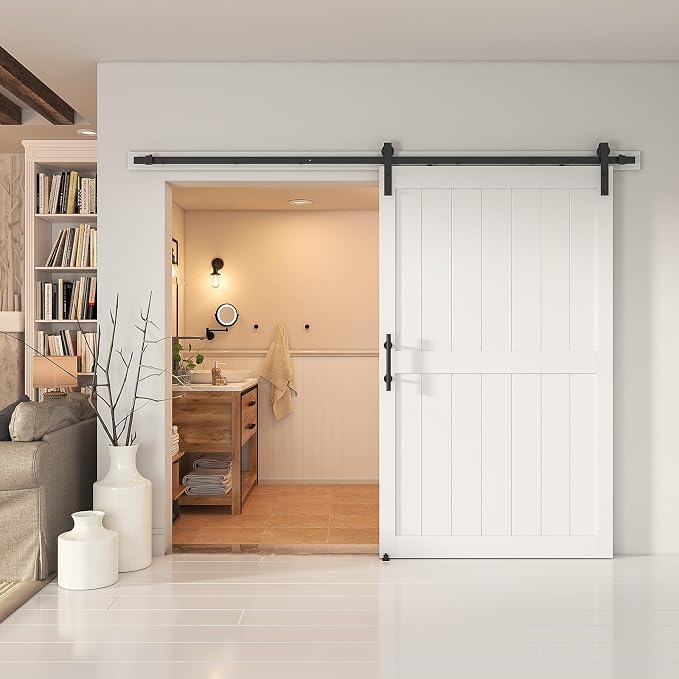 50''x84'' Sliding Barn Door with 8 Ft Barn Door Hardware Kit& Handle& Floor Guides,Pre-Drilled Holes Easy Assembly - Include Installation Manual, Water-Proof PVC Surface, H-Frame, White
