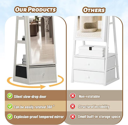 Jewelry Armoire with Full Length Mirror - 360° Swivel Standing Floor Mirror Jewelry Cabinet, Lockable Storage Organizer, 3 Shelves & Drawers,Tall Mirror with Storage for Women (White)