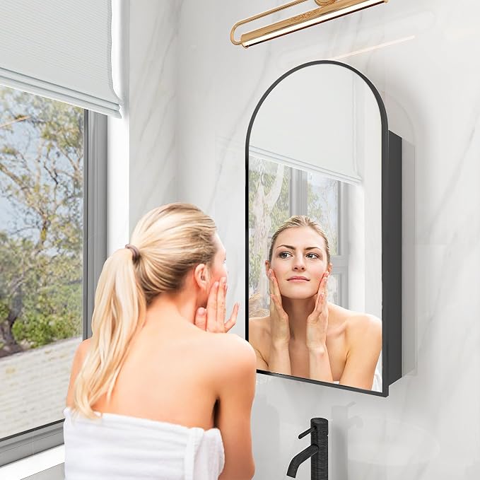 FKWin Bathroom Cabinet with Mirror, Surface Mount Arched Design, 16x30 Inch | Medicine Cabinet Mirror, Reversible Door, Space-Saving Storage, Elegant Arched Design, Black