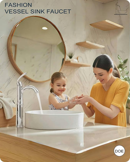 Brass Vessel Faucet 1 Hole, Chrome Tall Bathroom Faucets for Vessel Sinks with 1 Handle, Pop Up Drain, cUPC Water Supply Line & Arched Spout Aerator for Countertop Sink, 5 Mins Quick Install