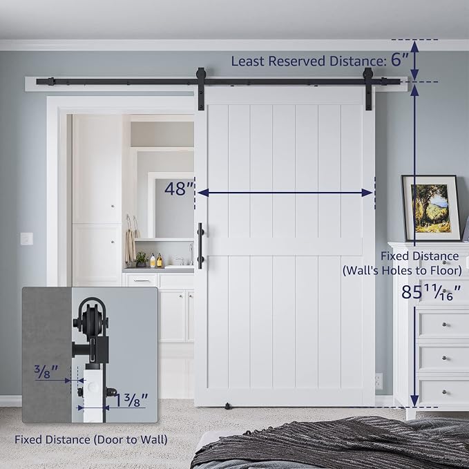 48in x 84in MDF Sliding Barn Door with 8ft Barn Door Hardware Kit & Handle | White Solid Barn Door Slab Covered with Water-Proof PVC Surface, Pre-Drilled Holes Easy Assembly, H-Frame