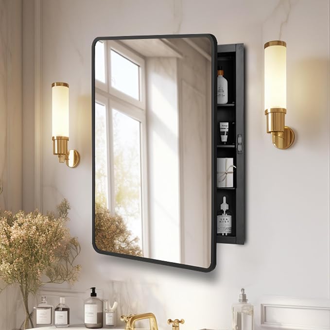 16x24 Medicine Cabinet with Mirror, Black Metal, Recessed or Surface Mount | 3 adjustable metal shelves, soft-close reversible door, 95% assembled; cutout 13.78"W x 19.1"H x 3.86"D
