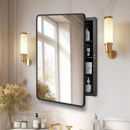 16x24 Medicine Cabinet with Mirror, Black Metal, Recessed or Surface Mount | 3 adjustable metal shelves, soft-close reversible door, 95% assembled; cutout 13.78"W x 19.1"H x 3.86"D