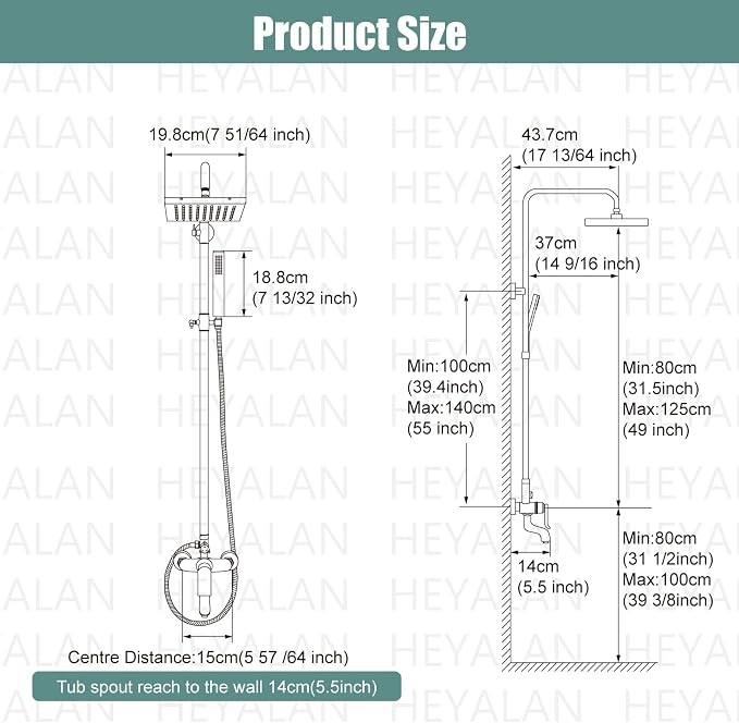 Heyalan 8-Inch Exposed Shower System with Handheld, Tub Spout, Matte Black | 3-function exposed shower system with 8-inch rainfall head, handheld shower, tub spout, adjustable slide bar, 1.8 GPM