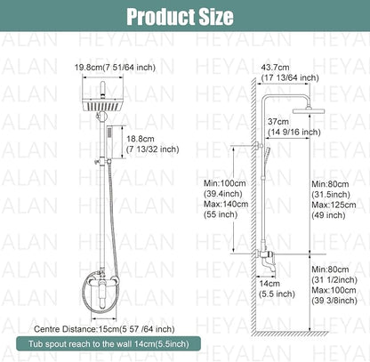 Heyalan 8-Inch Exposed Shower System with Handheld, Tub Spout, Matte Black | 3-function exposed shower system with 8-inch rainfall head, handheld shower, tub spout, adjustable slide bar, 1.8 GPM