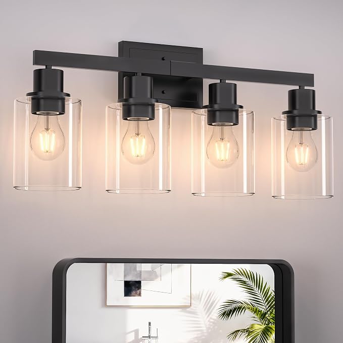 Hasipu Modern Bathroom Light Fixtures, 4 Light Black Vanity Lights | HD Clear Round Glass Shade, Durable Metal, Standard E26 Socket, Easy Installation, Farmhouse Bathroom Lighting