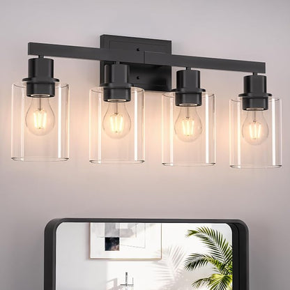 Hasipu Modern Bathroom Light Fixtures, 4 Light Black Vanity Lights | HD Clear Round Glass Shade, Durable Metal, Standard E26 Socket, Easy Installation, Farmhouse Bathroom Lighting