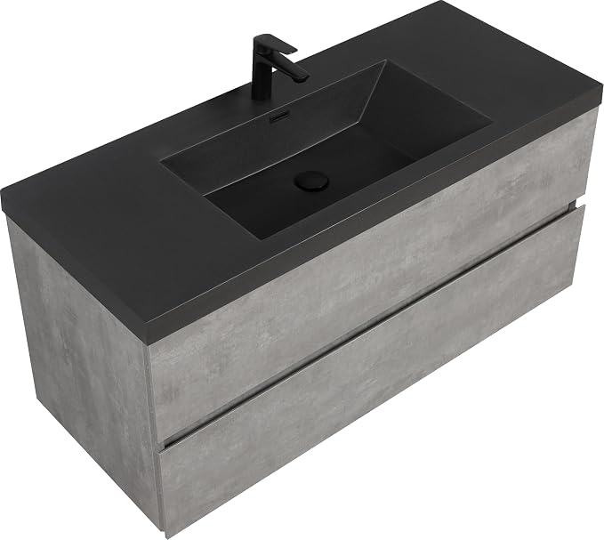 48" Floating Bathroom Vanity with Sink, Modern Wall-Mounted Bathroom Storage Vanity Cabinet with Two Black Quartz Sand Top Basins and Four Soft Close Drawers, Cement Grey