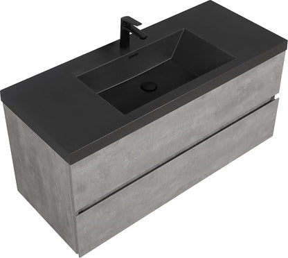 48" Floating Bathroom Vanity with Sink, Modern Wall-Mounted Bathroom Storage Vanity Cabinet with Two Black Quartz Sand Top Basins and Four Soft Close Drawers, Cement Grey