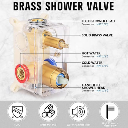 Rainfall Shower System - Wall Mounted Complete Combo with Solid Brass Pressure Balancing Valve, High Pressure Shower Head, Handle Set & Installation Accessories Brushed Gold 10"+Handheld Spray