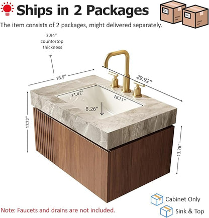 Ambrovina 30" Floating Bathroom Vanity with Sink, Modern Plywood Storage Cabinet with Drawer and Door, Light Gray Sintered Stone Countertop and 3 Pre-drilled Faucet Holes Ceramic Basin, Dark Oak