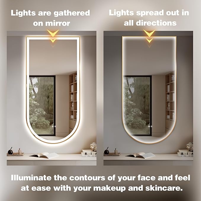 Arched LED Bathroom Mirror, 48"x24" Arch Backlit Vanity Mirror with Lights, Frontlit, Dimmable, 3 Colors, Memory Function, Anti-Fog Smart Mirror, Gold Frame, Shatterproof, Vertical-Inverted