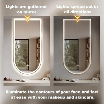 Arched LED Bathroom Mirror, 48"x24" Arch Backlit Vanity Mirror with Lights, Frontlit, Dimmable, 3 Colors, Memory Function, Anti-Fog Smart Mirror, Gold Frame, Shatterproof, Vertical-Inverted