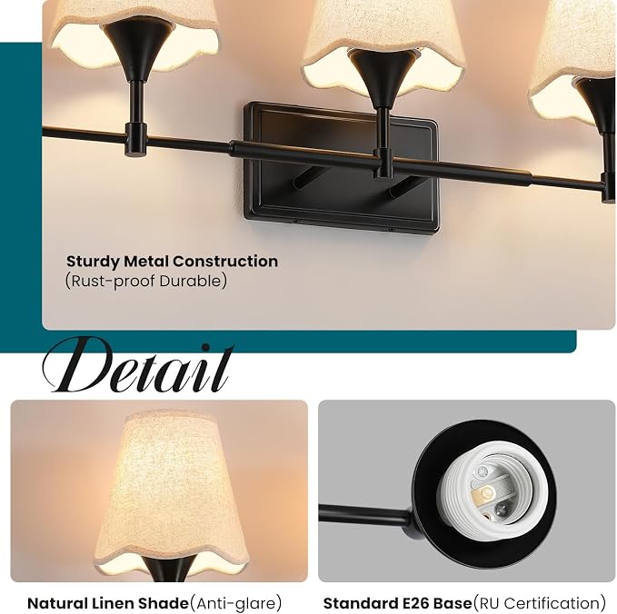 Modern Bathroom Vanity Light Fixtures: Matte Black Vanity Lights Over Mirror with Flared Fabric Shade, Farmhouse Bathroom Lighting Fixtures, 5 Light Wall Sconces Lights for Bedroom Hallway Living Room