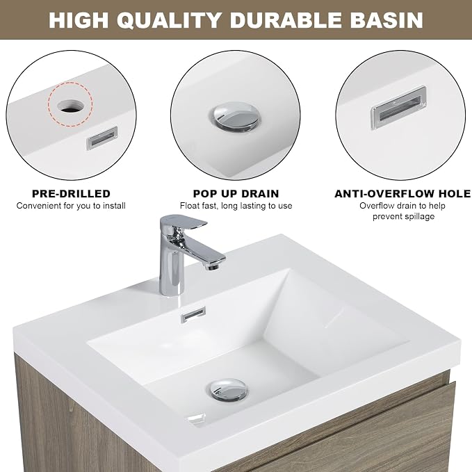 Pre-Assembled 24'' Floating Bathroom Vanity with Sink, Ash Grey | Wall-Mounted Bathroom Vanity with Solid Surface Top Basin, 2 Soft Close Drawers, Easy to Install & Clean