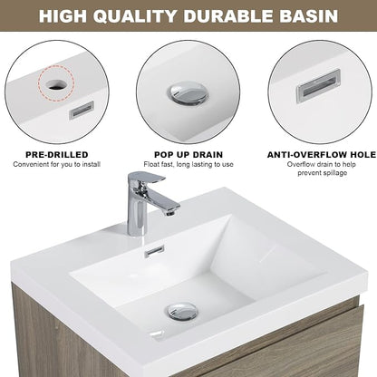 Pre-Assembled 24'' Floating Bathroom Vanity with Sink, Ash Grey | Wall-Mounted Bathroom Vanity with Solid Surface Top Basin, 2 Soft Close Drawers, Easy to Install & Clean
