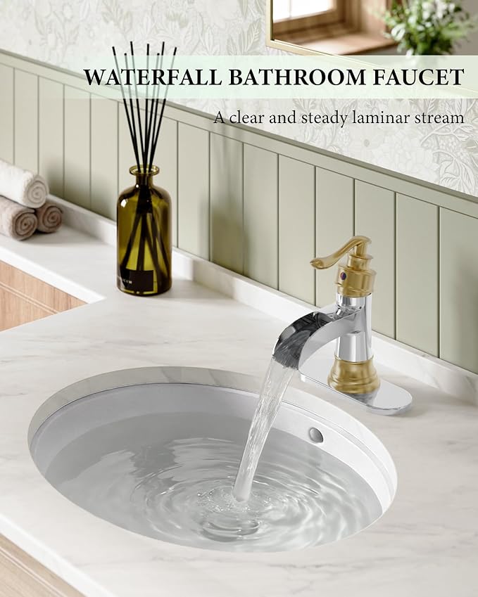 Bathroom Faucet Waterfall Sink Faucets Bathroom Widespread Single Handle | Chrome and Gold for 1 or 3 Holes Rustic Vanity Farmhouse with Pop-up Drain Deck Plate Hose by Homevacious