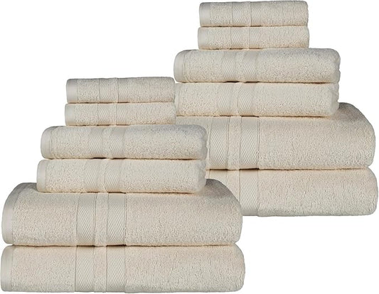 Superior Ultra-Soft Cotton Towel Set, 4 Bath Towels, 4 Hand Towels, 4 Face Towels/Washcloths, Quick-Dry, Shower, Spa Basics, Essentials, Solid, Double Line Dobby Border, 12 Piece Set, Ivory