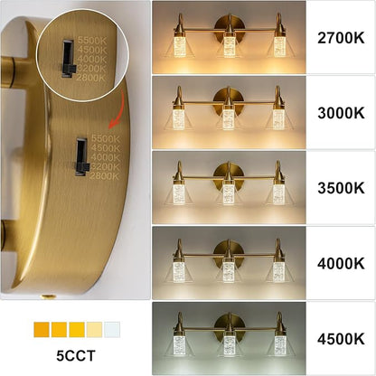 WILON Bathroom Vanity Light, 3-Light LED Vanity Light Fixtures Over Mirror | Gold Bathroom Light Fixtures with 5 Color Modes 2700K-6500K, Crystal Column