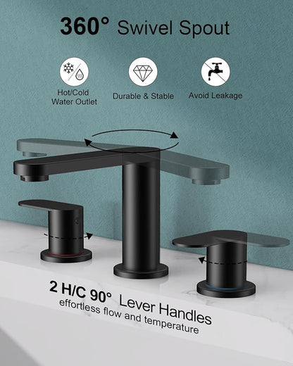 BWE Matte Black Bathroom Faucet 3 Hole - 8 Inch Widespread Bathroom Sink Faucet, Pop-up Drain and Supply Lines, 360° Swivel Spout 2-Handle Black Vanity Faucets for Bath