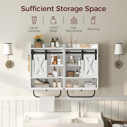 Bathroom Wall Cabinet, Farmhouse Medicine Cabinets with Sliding Door, Wall Mounted Storage Cabinet with Adjustable Shelf and Towel Bar, for Bathroom, Living Room, Kitchen, White