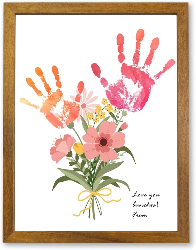 TwoDays Flower Bouquet Handprint Art Craft DIY Kit, Unique Gifts for Mom from Daughter or Son for Mother's Day Birthday Christmas, Gift for Grandma. (Floral-1, Brown)