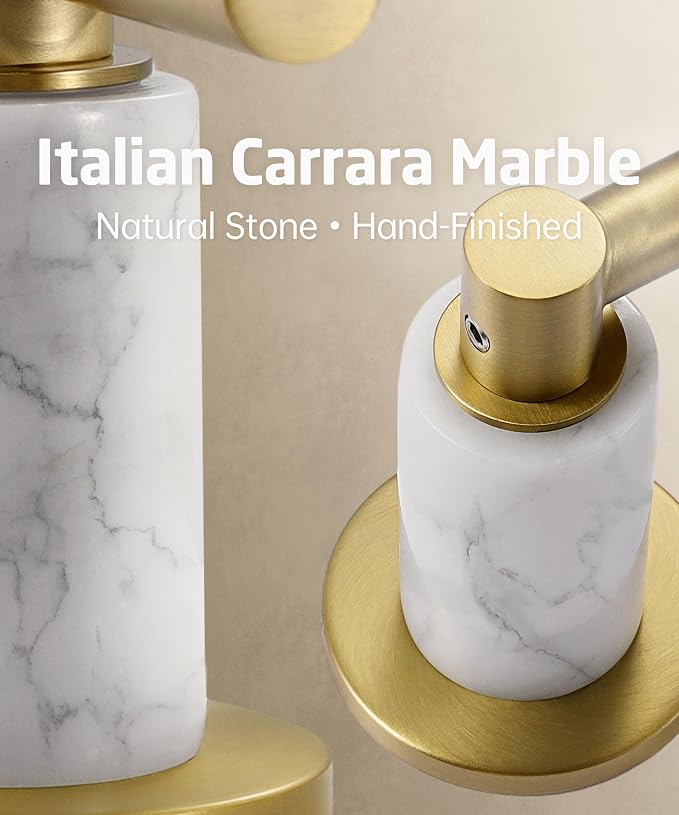KES Natural Italian Carrara Marble Brushed Gold Bathroom Faucet 3 Hole with All Metal Pop Up Sink Drain, 8 Inch Widespread Bathroom Sink Faucet for Vanity, 360° Swivel Spout, 18/8 Stainless Steel