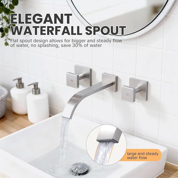 Wall-Mounted Bathroom Sink Faucet, Brushed Nickel Bathroom Faucet | Waterfall Bathroom Faucet with Two Handles, Brass Bathroom Sink Faucet, Wall-Mounted Washroom Faucets and Rough-in Valve